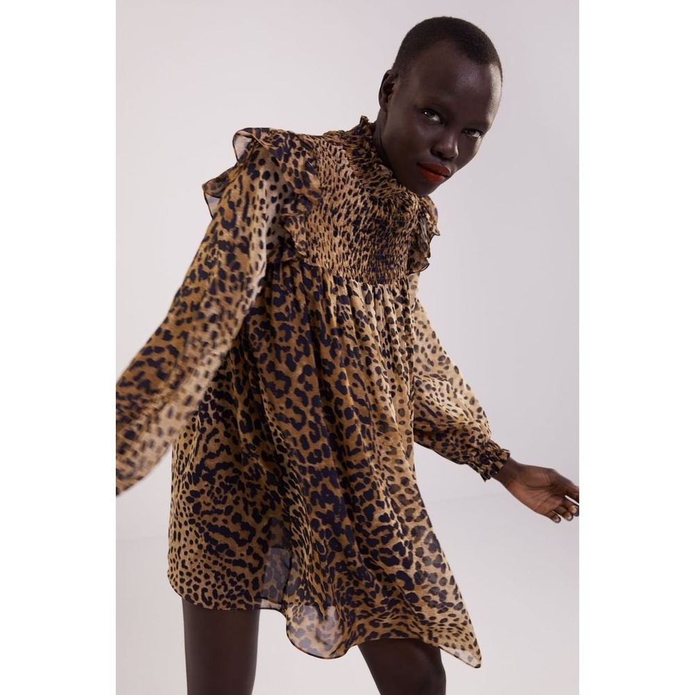 Zara Leopard Animal Print Smocked High Neck Ruffle Mini Dress Brown Tan Medium